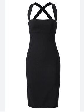 Black Halo Bryson Sheath Dress Sz 12 Black Cross Back Strappy Cocktail Work Midi